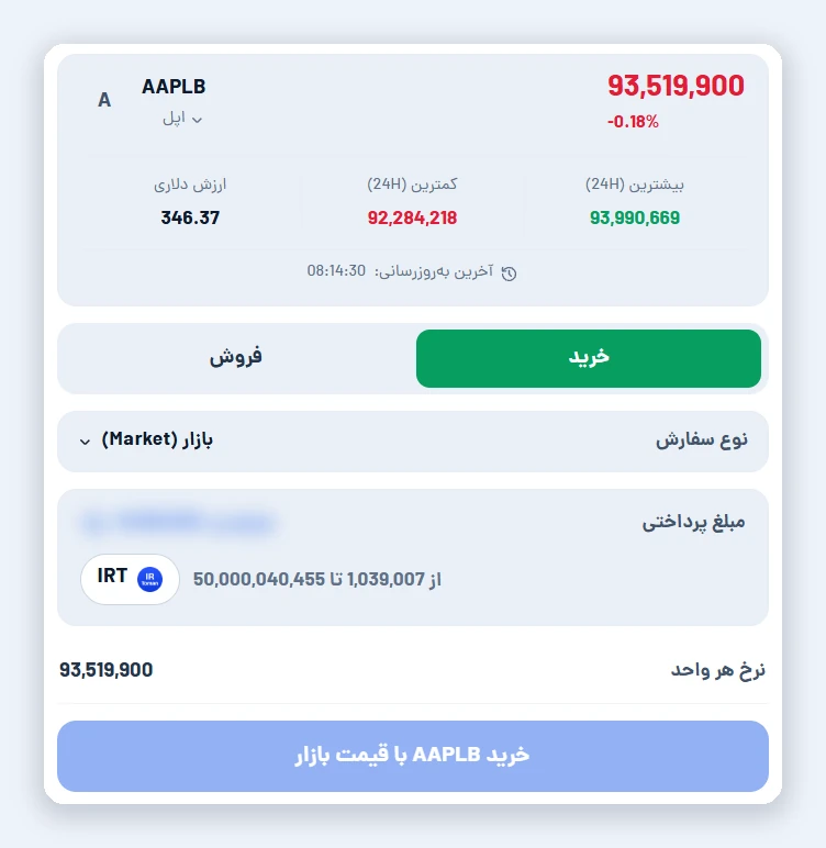 خرید سهام اپل در ایران با تومان؛ راهنمای توکن AAPLB اسکرینشات صفحه خرید سهام اپل (AAPLB) با تومان در اتراکس