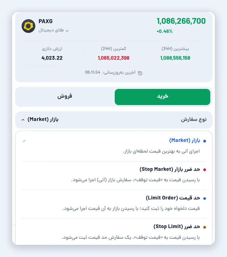 انتخاب نوع سفارش بازار، حد قیمت یا حد ضرر برای خرید پکس گلد در اتراکس
